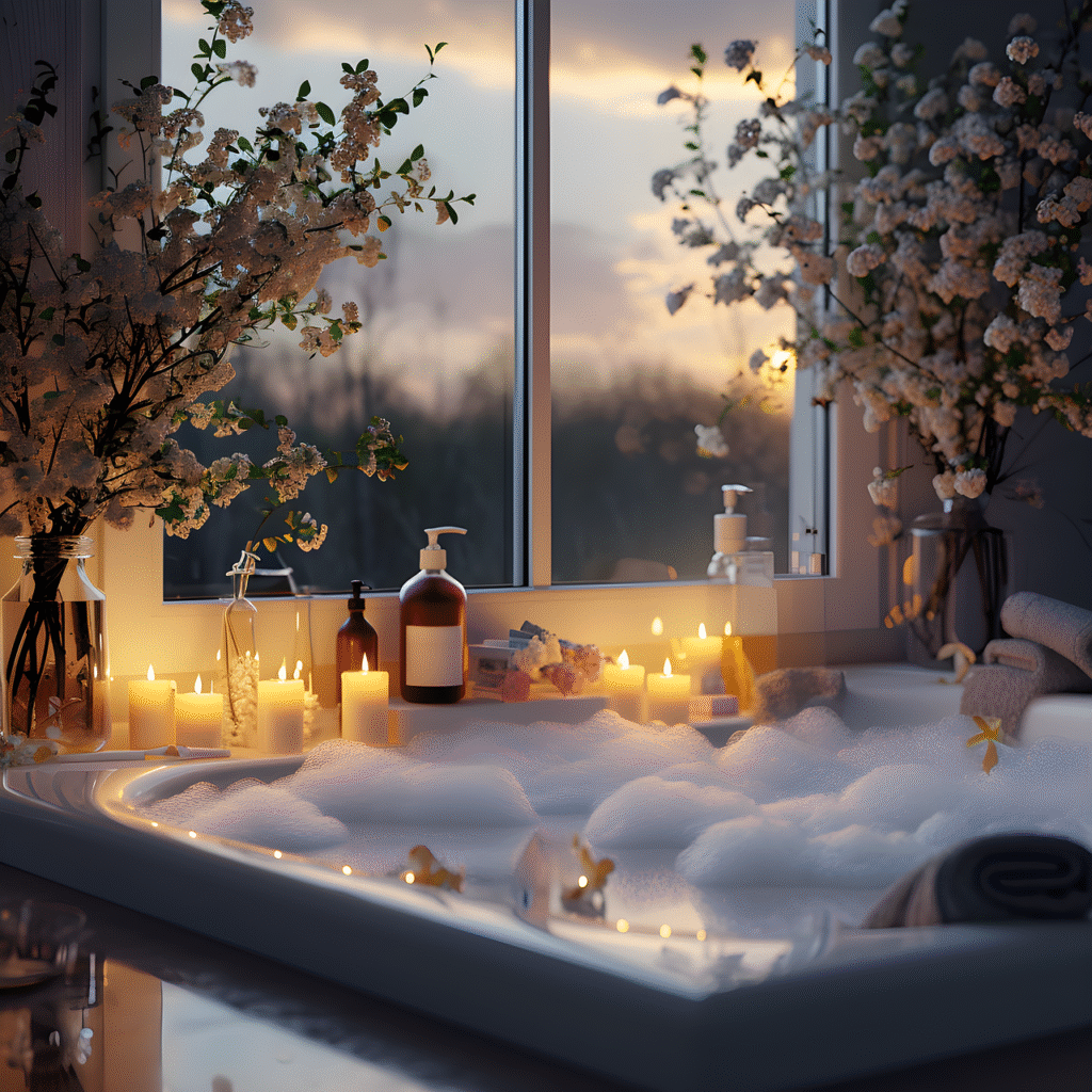 Scène d'un bain moussant face à la montagne avec des bougies